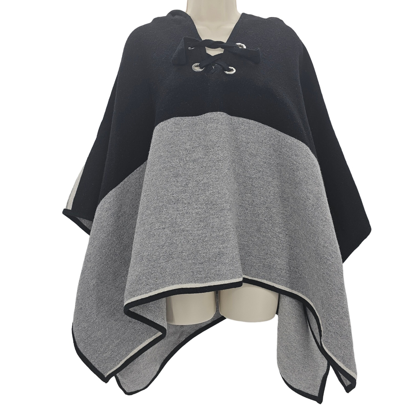 Ba&Sh Womans Size 1 Us S Lady Cape Colorblock Poncho Wool Blend Black Gray Hood